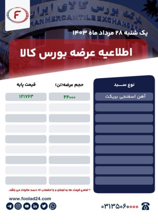 اطلاعیه عرضه بورس کالا یکشنبه 28 مرداد 1403