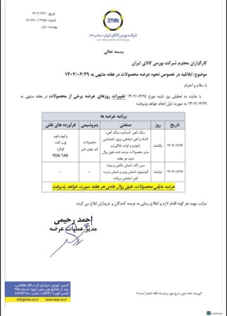 برنامه عرضه محصولات صنعتی هفته آخر شهریور در بورس کالا