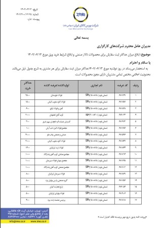 ابلاغ میزان حداکثر ثبت سفارش برای محصولات تالار صنعتی و ابلاغ شرایط خرید ورق