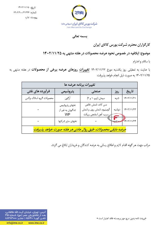 ابلاغیه در خصوص نحوه عرضه محصولات هفته منتهی به 25 بهمن ماه 1402